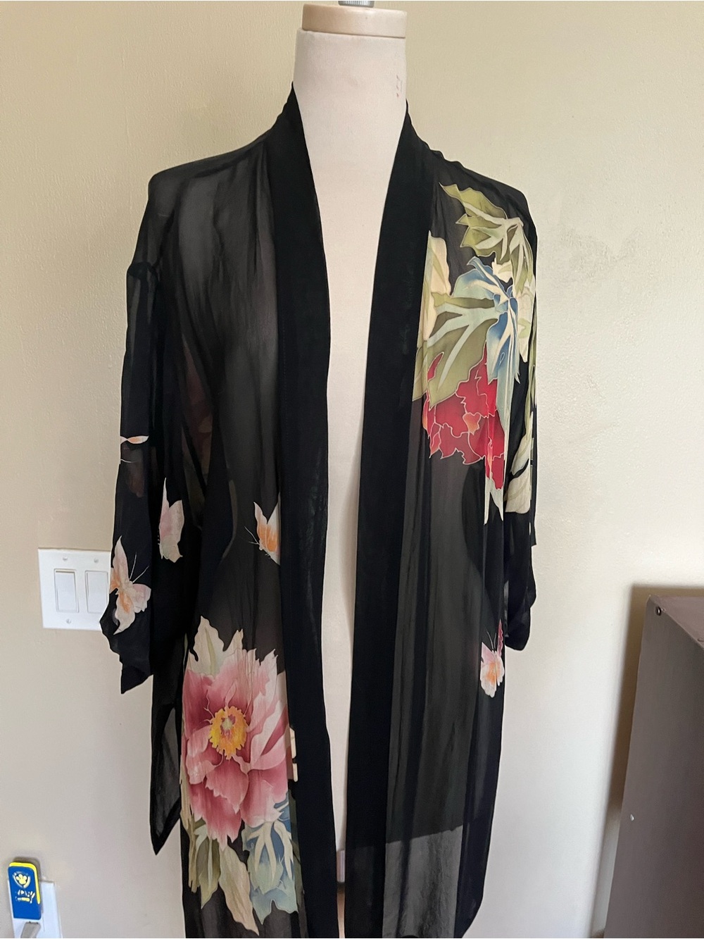 CHANEL Black Sheer Floral Silk Scarf Wrap with Pink & Red Blooms